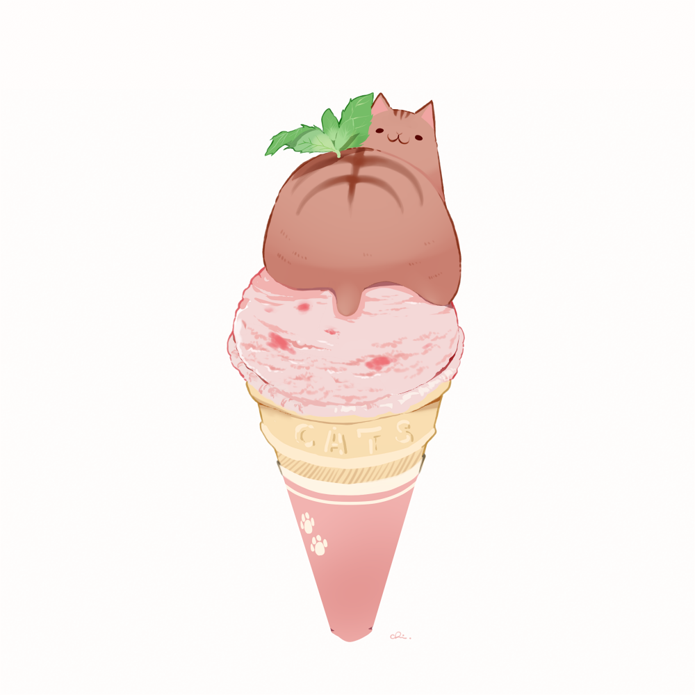 animal cat chai_(drawingchisanne) checkered checkered_background dessert food food-themed_creature food_focus halftone halftone_background ice_cream ice_cream_cone looking_back mint no_humans on_food original polka_dot polka_dot_background simple_background sitting_on_food undersized_animal white_background