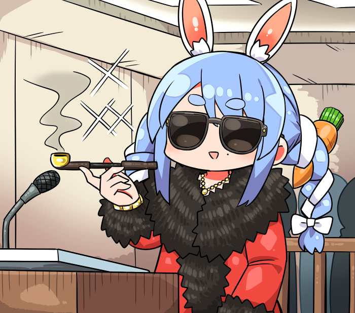 1girl :d animal_ear_fluff animal_ears bangs blue_hair braid bunny_ears carrot_hair_ornament chibi coat commentary_request food-themed_hair_ornament fur-trimmed_coat fur-trimmed_sleeves fur_trim hair_ornament holding holding_smoking_pipe hololive indoors jewelry kanikama kiseru long_sleeves multicolored_hair rabbit_ears red_coat short_eyebrows silhouette smile smoke smoking_pipe solo solo_focus sparkle sunglasses thick_eyebrows twin_braids twintails two-tone_hair usada_pekora virtual_youtuber white_hair