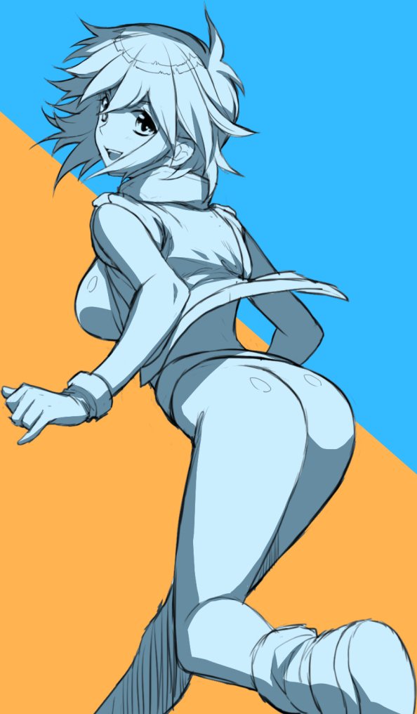 1girl :d allenby_beardsley ass bodysuit breasts g_gundam greyscale gundam looking_at_viewer monochrome open_mouth p-kana short_hair simple_background smile solo
