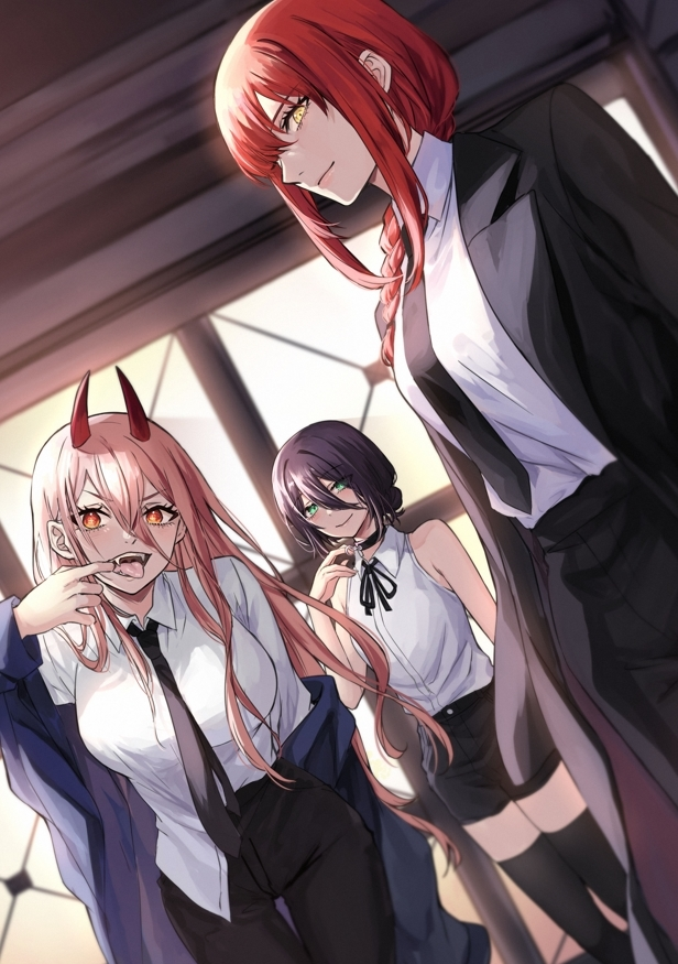 3girls black_legwear black_necktie black_neckwear black_pants black_shorts black_thighhighs braid breasts chainsaw_man collared_shirt finger_in_own_mouth hair_between_eyes horns jacket large_breasts long_hair long_sleeves looking_at_viewer makima_(chainsaw_man) multiple_girls necktie open_mouth pants pink_hair power_(chainsaw_man) redhead reze_(chainsaw_man) sharp_teeth shirt shirt_tucked_in shorts single_braid sleeveless smile teeth ten-chan_(eternal_s) thigh-highs tongue white_shirt yellow_eyes