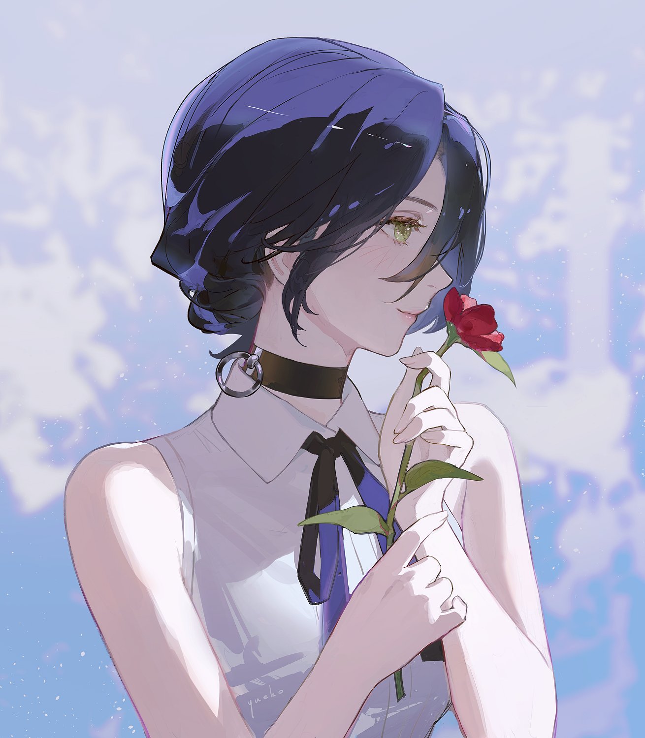 1girl bangs bare_shoulders black_bow black_bowtie black_choker black_hair blue_background blush bow bowtie breasts chainsaw_man choker closed_mouth collared_shirt fingernails flower green_eyes grey_shirt hair_between_eyes hands_up highres holding holding_flower leaf long_fingernails looking_to_the_side medium_breasts purple_hair red_flower reze_(chainsaw_man) shirt short_hair sidelocks simple_background sleeveless sleeveless_shirt smile solo upper_body yueko_(jiayue_wu)