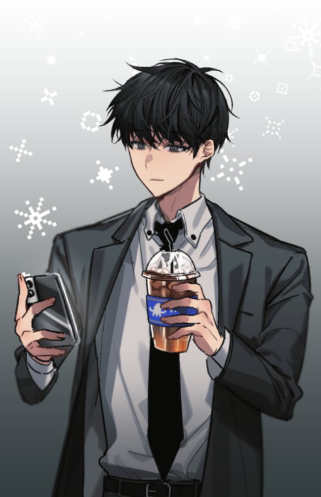 1boy 999_mandu bangs belt black_belt black_eyes black_hair black_jacket black_necktie cellphone closed_mouth coffee coffee_cup collared_shirt commentary_request cup disposable_cup drink drinking_straw formal gradient gradient_background grey_background holding holding_cup holding_drink holding_phone jacket kim_dokja korean_commentary long_sleeves looking_at_phone male_focus necktie omniscient_reader's_viewpoint phone shirt short_hair simple_background smartphone solo standing suit upper_body white_shirt