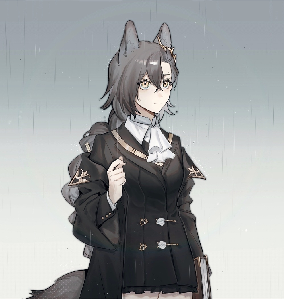 1girl 404_not_found animal_ear_fluff animal_ears arknights ascot bangs black_coat black_dress black_nails book braid closed_mouth coat cowboy_shot dress flower gradient gradient_background grey_background hair_between_eyes hair_ornament holding holding_book long_hair nail_polish open_clothes open_coat penance_(arknights) rain rose single_braid solo tail very_long_hair white_ascot white_flower white_rose wolf_ears wolf_girl wolf_tail yellow_eyes