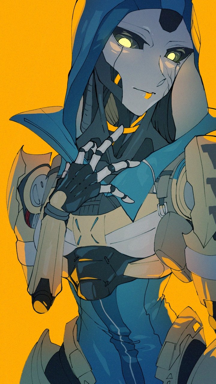 1girl abyuramu_yukidaruma android apex_legends ash_(titanfall_2) black_sclera blue_leotard colored_sclera cracked_skin glowing glowing_eyes hand_on_own_chest highres hood hood_up hooded_leotard leotard looking_down metal_skin orange_background robot simulacrum_(titanfall) smile solo yellow_eyes