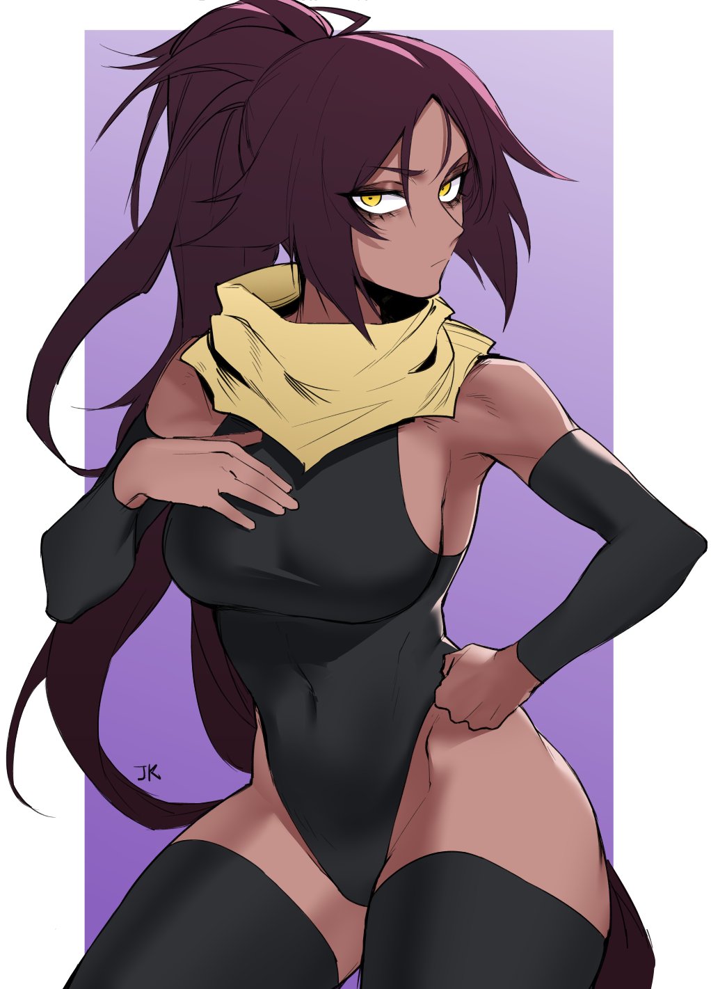 1girl bare_shoulders black_bodysuit black_legwear black_thighhighs bleach bleach:_the_thousand-year_blood_war bodysuit breasts covered_navel dark_skin detached_sleeves hand_on_hip hand_on_own_chest head_tilt highres j.k. long_hair looking_at_viewer ponytail purple_hair scarf shihouin_yoruichi solo thigh-highs thighhighs toned upper_body yellow_eyes yellow_scarf