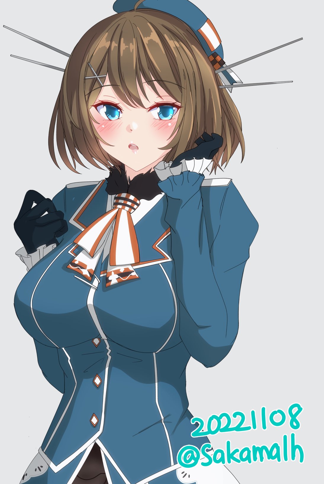 1girl ascot atago_(kancolle) atago_(kancolle)_(cosplay) beret black_gloves blue_eyes blue_headwear breasts brown_hair cosplay dated gloves gradient gradient_background grey_background hair_ornament hairclip hat headgear highres kantai_collection large_breasts looking_at_viewer maya_(kancolle) maya_(kantai_collection) military military_uniform nitamako_(sakamalh) short_hair simple_background solo twitter_username uniform upper_body white_ascot x_hair_ornament