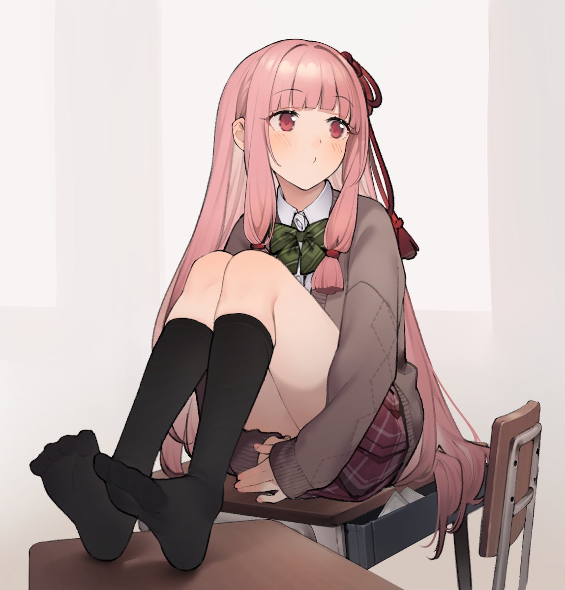 1girl bangs black_legwear black_socks blazer blunt_bangs blush bow bowtie brown_shirt cardigan chair closed_eyes closed_mouth collar collared_shirt commentary_request desk feet full_body green_bow green_bowtie hair_bow hair_ribbon hands_under_legs highres jacket kneehighs knees_up kotonoha_akane long_hair long_sleeves looking_at_viewer looking_away multi-tied_hair no_shoes on_table pink_hair plaid pleated_skirt red_bow red_eyes red_skirt ribbon safe school_chair school_uniform shirinda_fureiru shirt sidelocks simple_background sitting skirt sleeves_past_wrists socks solo table thighs very_long_hair voiceroid white_collar