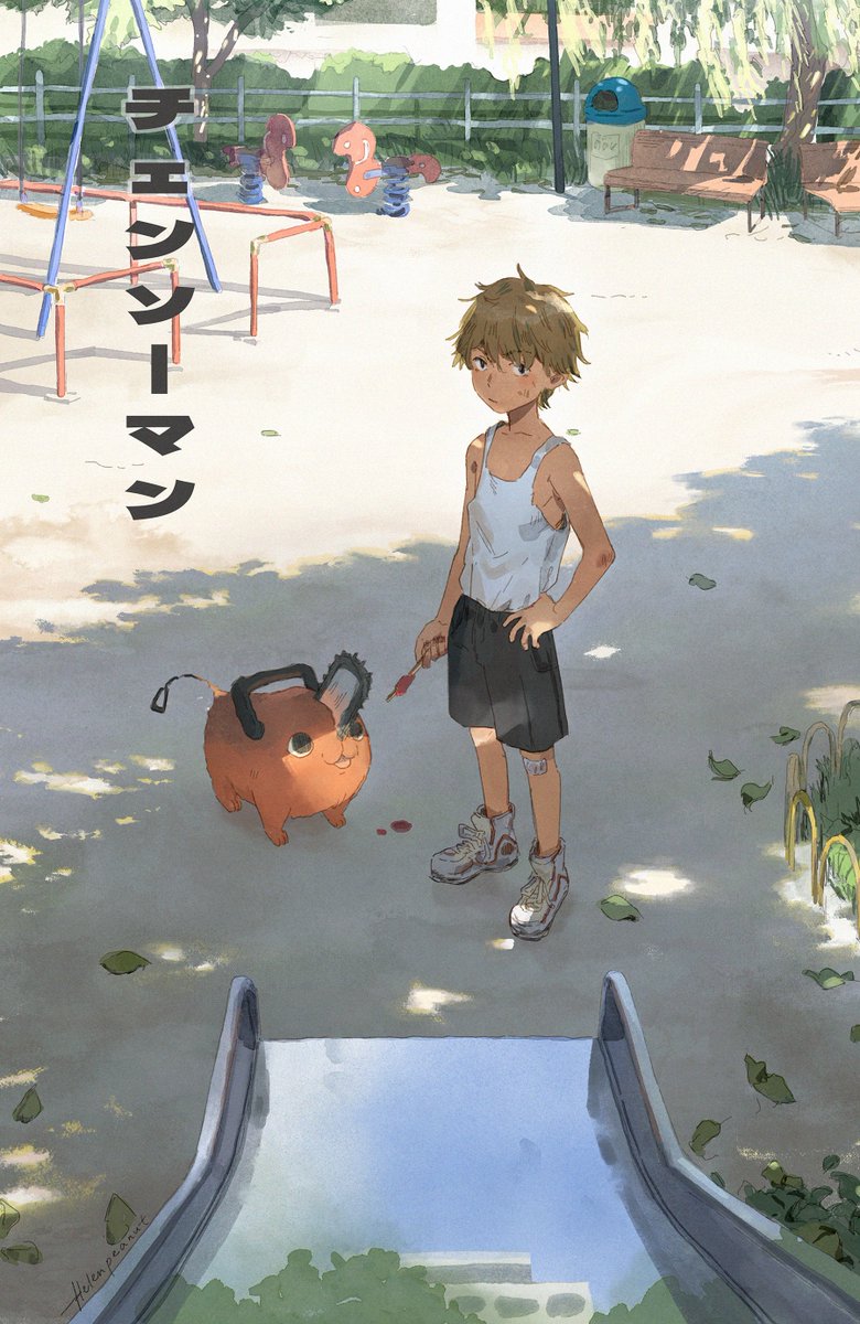 1boy bench black_eyes black_hair black_pants blonde_hair chainsaw chainsaw_man denji_(chainsaw_man) dog english_commentary helenpeanut highres looking_at_viewer outdoors pants park park_bench pochita_(chainsaw_man) safe shirt shoes short_hair sneakers standing tree white_shirt