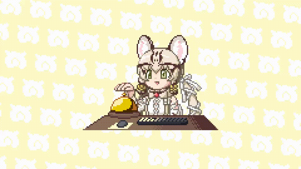 1girl animal_costume animal_ear_fluff animal_ears animated bell cat_ears cat_girl extra_ears geoffroy's_cat_(kemono_friends) green_eyes grey_hair kemono_friends kemono_friends_v_project long_hair microphone open_mouth pixel_art ribbon scarf shirt simple_background solo suspenders twintails video virtual_youtuber z4z45ni