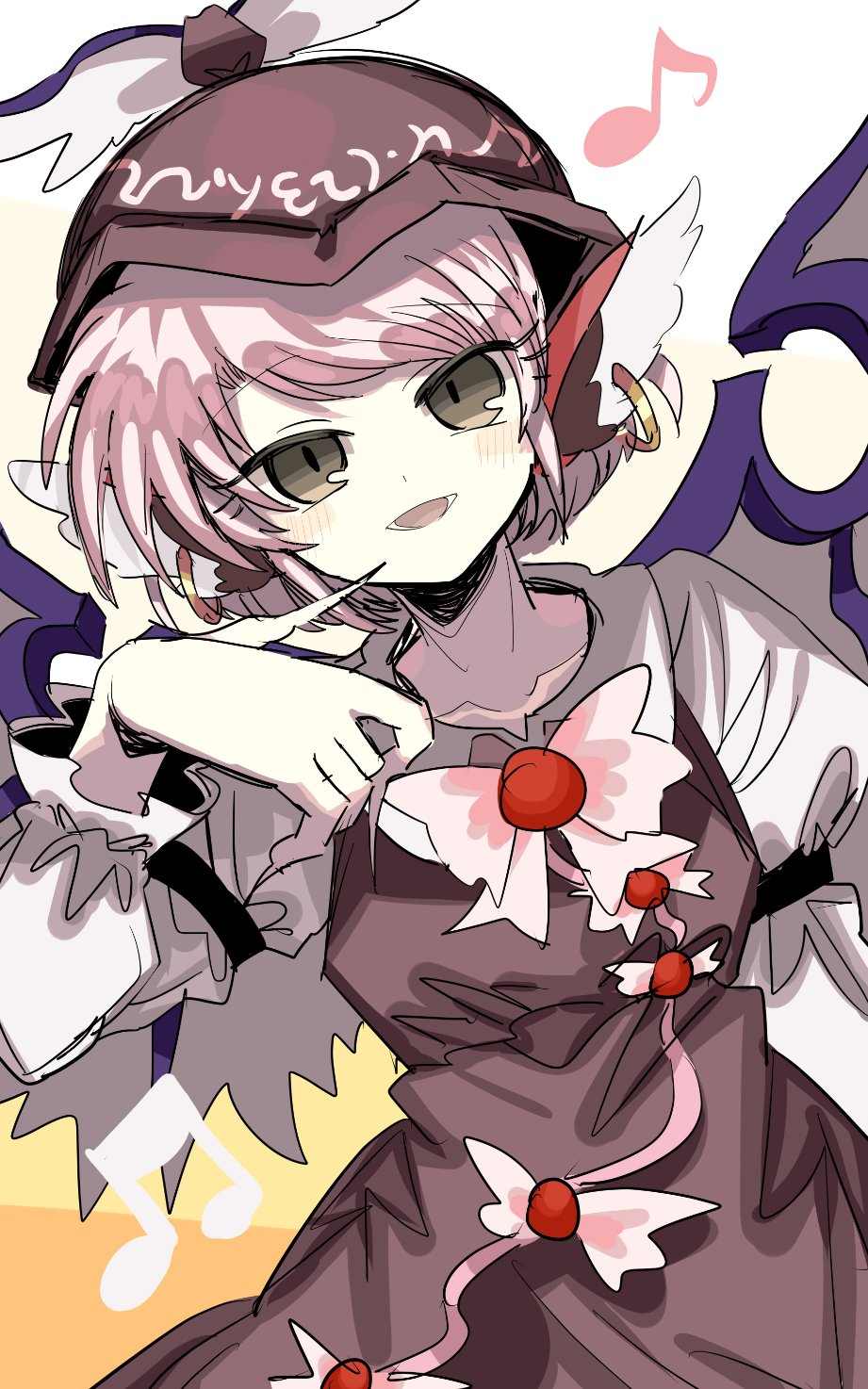 1girl animal_ears asuku_(69-1-31) beamed_eighth_notes bird_ears bird_wings blush brown_dress brown_headwear collarbone dress earrings eighth_note fingernails hat highres jewelry long_fingernails long_sleeves looking_at_viewer musical_note mystia_lorelei open_mouth pink_hair safe sharp_fingernails short_hair single_earring smile solo touhou white_wings winged_hat wings yellow_eyes