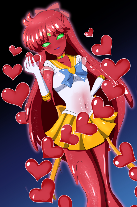 1girl aino_minako bishoujo_senshi_sailor_moon blue_bow bow breasts choker colored_skin corruption cosplay elbow_gloves gloves gradient gradient_background green_eyes hair_bow hand_on_hip heart long_hair magical_girl monster_girl orange_choker orange_sailor_collar orange_skin orange_skirt pink_bow rethnick sailor_collar sailor_senshi_uniform sailor_venus shirt simple_background skirt slime_girl small_breasts smile solo standing very_long_hair white_gloves white_shirt yellow_skirt