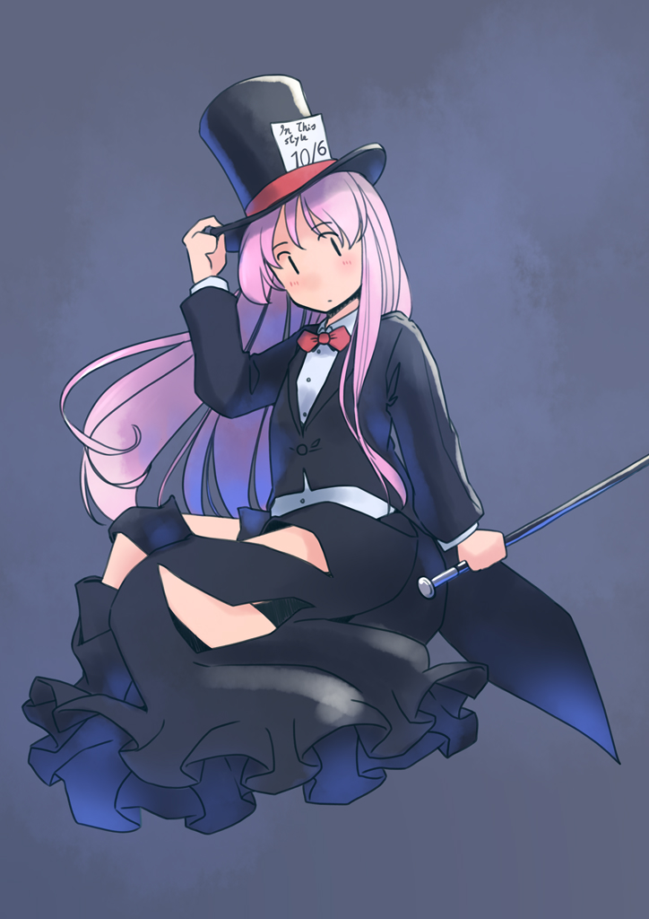 1girl alternate_costume black_coat black_headwear black_skirt blush bow buttons closed_mouth coat grey_background hat hata_no_kokoro long_hair long_sleeves pink_hair rangycrow red_bow shirt simple_background skirt solo top_hat touhou white_shirt