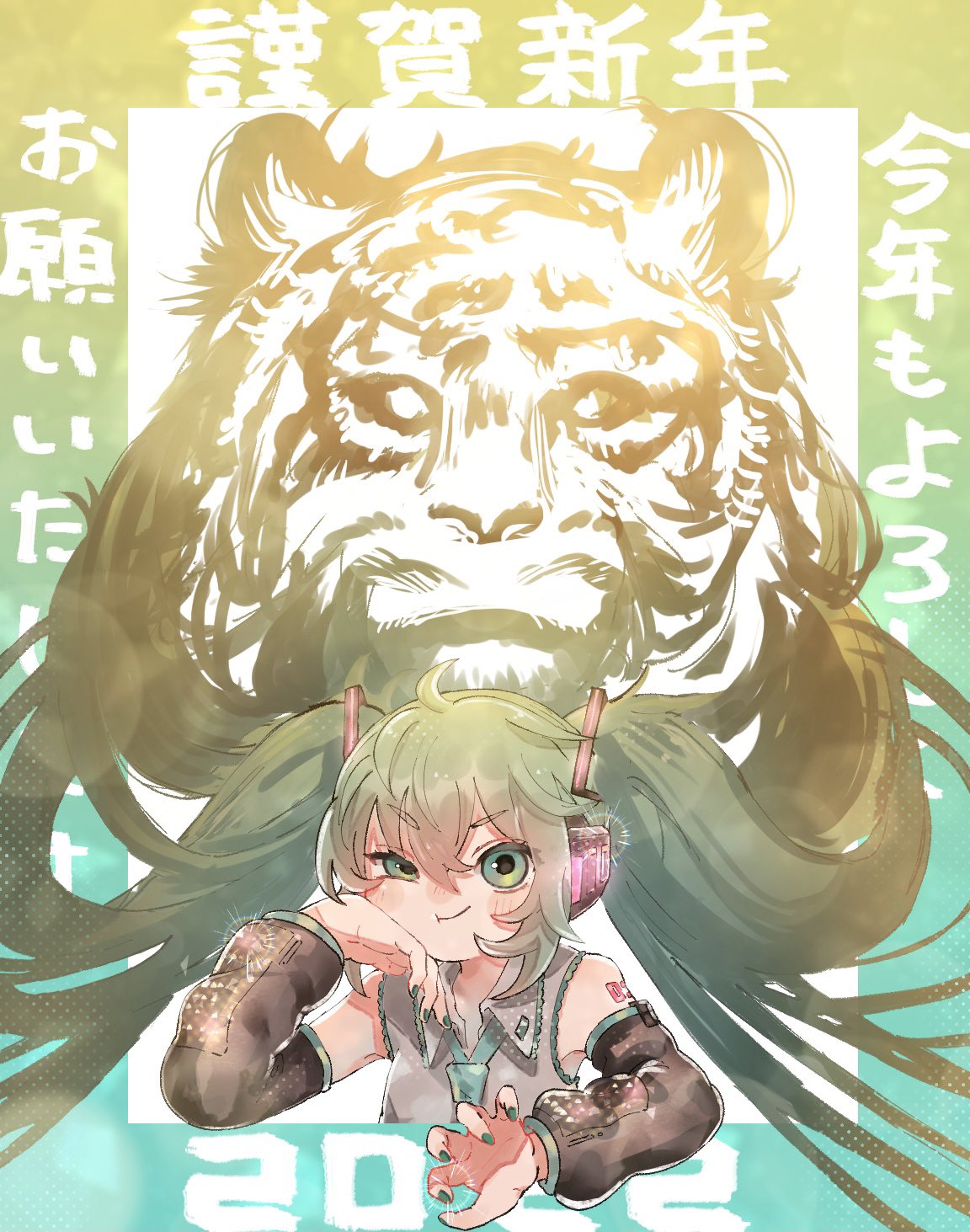 1girl 2022 ahoge aqua_eyes aqua_nails aqua_necktie bangs bare_shoulders black_sleeves chinese_zodiac claw_pose closed_mouth collared_shirt detached_sleeves eyes_visible_through_hair fingernails green_hair grey_shirt hair_between_eyes hatsune_miku headphones highres long_hair long_sleeves nail_polish necktie number_tattoo plum0o0 shirt shoulder_tattoo solo tattoo tiger twintails uneven_eyes very_long_hair vocaloid year_of_the_tiger