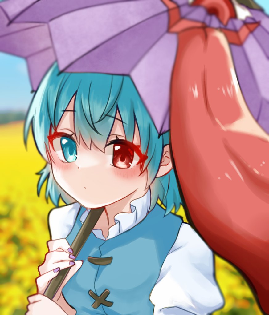 1girl blue_eyes blue_hair blurry blurry_background blurry_foreground closed_mouth cross-laced_clothes depth_of_field dnyjttjjmvozmtl heterochromia holding holding_umbrella karakasa_obake looking_at_viewer outdoors puffy_sleeves purple_nails purple_umbrella red_eyes short_hair solo tatara_kogasa tongue touhou umbrella upper_body vest