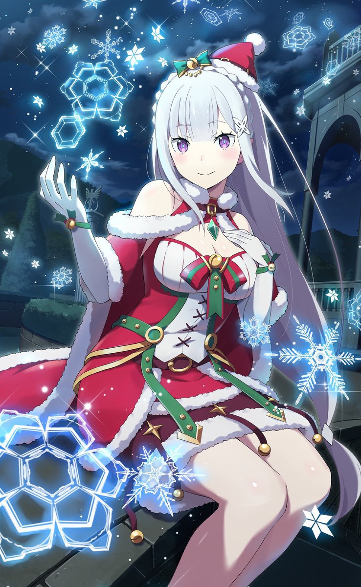 1girl aurora bag bare_legs bare_shoulders bell bobblehat bow box breasts candy_cane capelet christmas christmas_lights christmas_ornaments christmas_tree cleavage elbow_gloves elf emilia_(re:zero) fur-trimmed_capelet fur-trimmed_coat fur-trimmed_jacket fur-trimmed_sleeves fur_trim gloves hair_ornament half-elf hat holly icicle icicle_fall jewelry long_hair looking_at_viewer medium_breasts merry_christmas night night_sky ornament outdoors pine_tree purple_eyes re:zero_kara_hajimeru_isekai_seikatsu red_capelet red_coat red_collar safe santa_costume santa_dress santa_hat silver_hair sitting smile snow snowflake_print snowflakes snowing solo starry_sky violet_eyes white_hair woman zero)