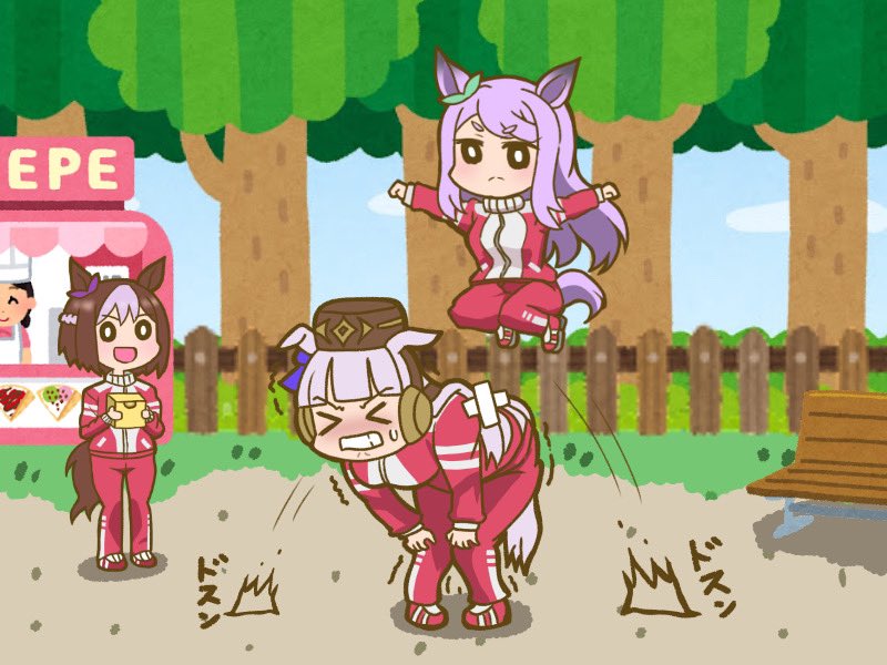 &gt;_&lt; 4girls :d animal_ears bandages bangs bench bent_over blunt_bangs blush box brown_hair brown_headwear ear_ribbon gold_ship_(umamusume) holding holding_box horse_ears horse_girl irasutoya jacket jumping legs_up long_hair mejiro_mcqueen_(umamusume) mr._ebidou multicolored_hair multiple_girls o_o outdoors pillbox_hat purple_hair purple_ribbon ribbon safe short_hair smile special_week_(umamusume) swept_bangs tracen_training_uniform track_jacket track_suit two-tone_hair umamusume white_hair