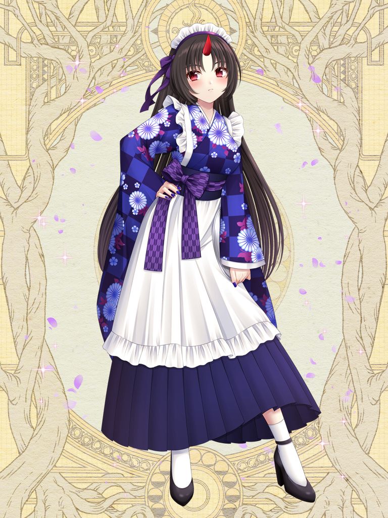 1girl araya_tsukasa black_footwear black_hair blue_nails blush bow commission dairoku_ryouhei hand_on_hip horns japanese_clothes kimono long_hair long_sleeves looking_at_viewer maid_headdress purple_bow red_eyes red_horns single_horn socks solo sorakase_sawa very_long_hair white_socks