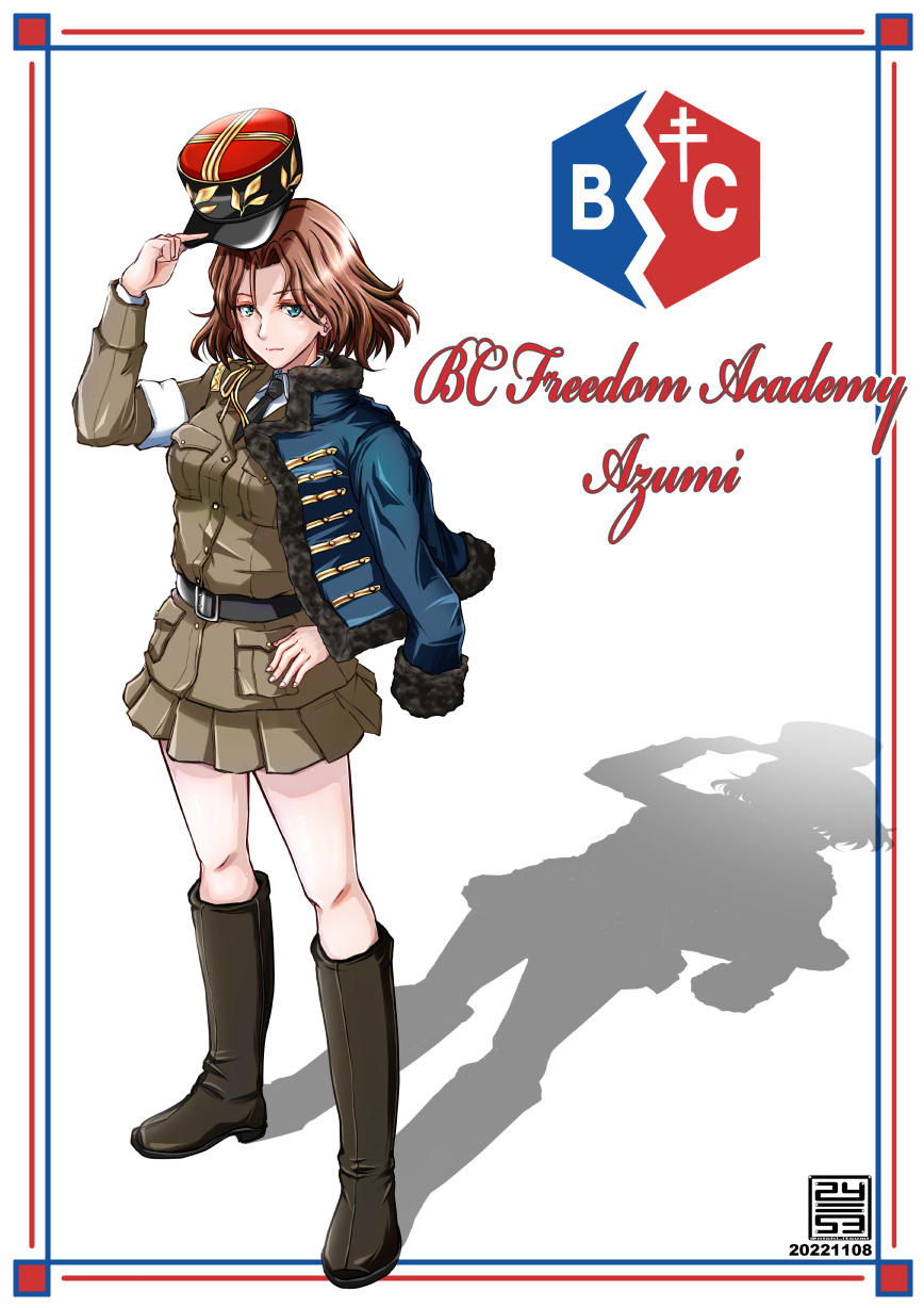 1girl adjusting_clothes adjusting_headwear armband azumi_(girls_und_panzer) bangs bc_freedom_(emblem) bc_freedom_military_uniform belt black_belt black_footwear black_headwear black_necktie blue_eyes blue_outline boots brown_hair character_name closed_mouth commentary cursive dress_shirt emblem english_text fourragere girls_und_panzer girls_und_panzer_ribbon_no_musha grey_jacket grey_skirt hat highres jacket kepi knee_boots long_sleeves looking_at_viewer medium_hair military military_hat military_uniform miniskirt necktie nishi_itsumi outline parted_bangs pleated_skirt red_outline safe shadow shirt skirt smile solo standing uniform white_background white_shirt