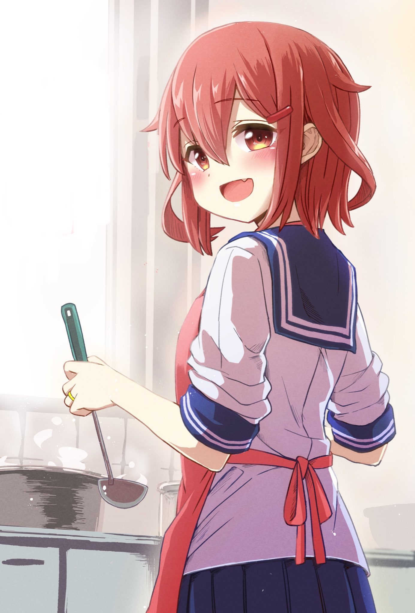 1girl apron back blue_sailor_collar blue_skirt blush brown_hair cooking day fang hair_ornament hairclip highres holding holding_ladle ikazuchi_(kancolle) ikazuchi_(kantai_collection) indoors kantai_collection kitchen ladle looking_at_viewer looking_to_the_side neckerchief open_mouth sailor_collar school_uniform serafuku shirt short_hair skirt sleeves_rolled_up smile solo stove sunlight unagiman white_shirt window