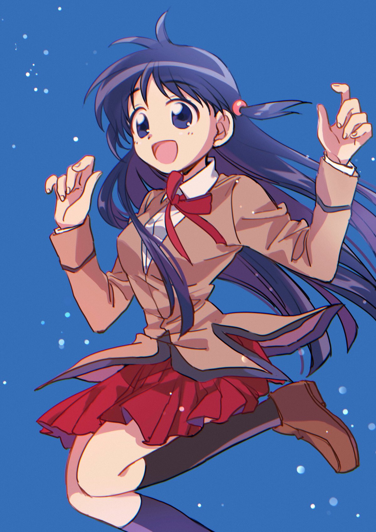 1girl bangs black_socks blue_background blue_eyes blue_hair blunt_ends breasts brown_footwear brown_jacket collared_shirt foot_out_of_frame hair_bobbles hair_ornament hair_tie happy highres jacket jumping kneehighs light_blush loafers long_hair long_sleeves looking_ahead medium_breasts neck_ribbon open_mouth pleated_skirt red_ribbon red_skirt ribbon safe school_rumble school_uniform shirt shoes skirt smile socks solo suzuki_(2red_moon3) tsukamoto_tenma two_side_up w_arms white_shirt