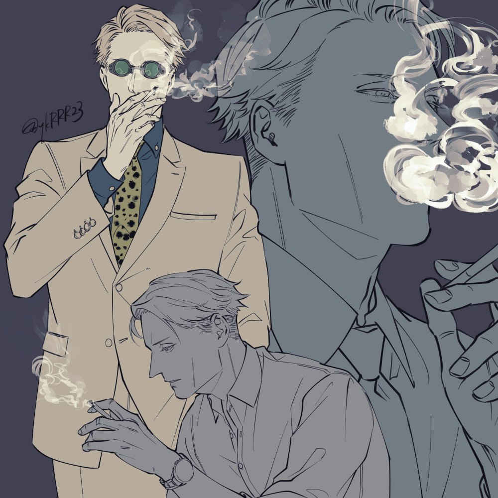 1boy animal_print blonde_hair blue_shirt buttons cigarette collared_shirt formal goggles holding holding_cigarette jujutsu_kaisen leopard_print long_sleeves looking_at_viewer male_focus nanami_kento necktie parted_lips shirt short_hair sleeves_rolled_up smoking solo standing suit twitter_username upper_body watch yellow_necktie ykrrr23