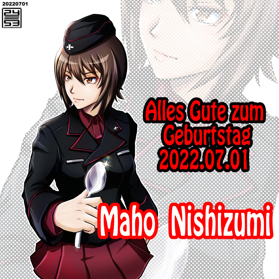 1girl artist_logo bangs birthday black_headwear black_jacket brown_eyes brown_hair character_name closed_mouth commentary dated dress_shirt garrison_cap german_text girls_und_panzer halftone halftone_background happy_birthday hat holding holding_spoon jacket kuromorimine_military_uniform long_sleeves looking_at_viewer looking_to_the_side military military_hat military_uniform miniskirt nishi_itsumi nishizumi_maho pleated_skirt polka_dot polka_dot_background red_shirt red_skirt safe shirt short_hair skirt smile solo spoon uniform wing_collar zoom_layer