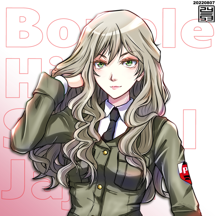 1girl alternate_hairstyle artist_logo background_text black_necktie bonple_(emblem) bonple_military_uniform breast_pocket breasts closed_mouth commentary dated dress_shirt english_text girls_und_panzer girls_und_panzer_ribbon_no_musha gradient gradient_background green_eyes green_jacket hair_down hand_in_own_hair jacket jajka_(girls_und_panzer) light_brown_hair long_hair long_sleeves looking_at_viewer medium_breasts military military_uniform necktie nishi_itsumi pocket safe shirt smile solo uniform upper_body wavy_hair white_shirt wing_collar