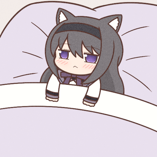 1girl :&lt; akemi_homura animal_ears black_hair black_hairband blush cat_ears cat_girl chibi closed_mouth hairband jitome long_hair long_sleeves looking_at_viewer lowres mahou_shoujo_madoka_magica purple_eyes safe solo under_covers violet_eyes yuno385