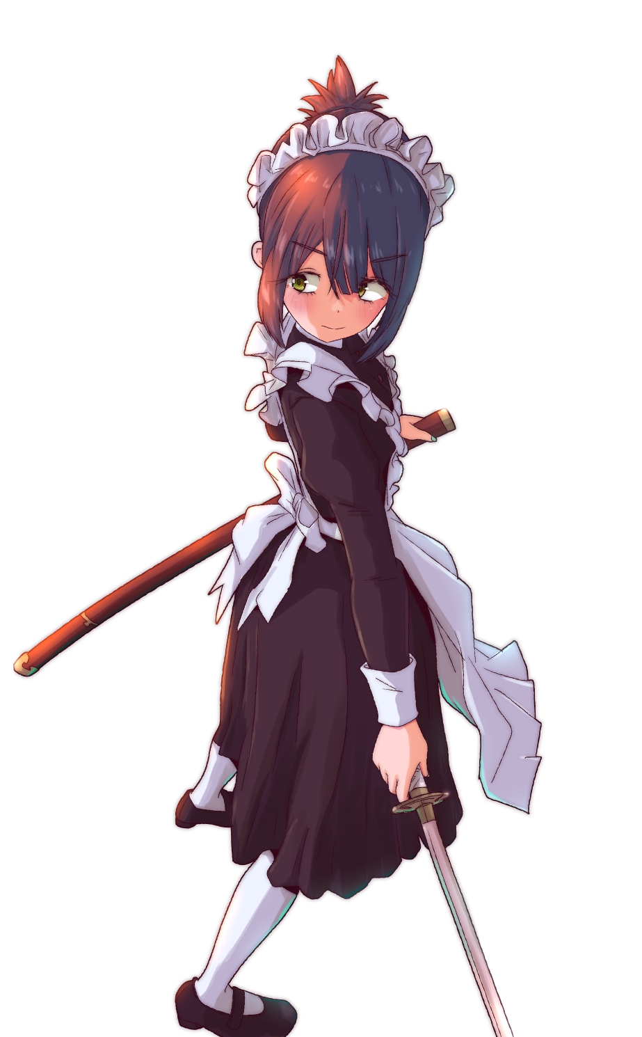 1girl alternate_costume apron brown_hair enmaided green_eyes highres holding holding_sword holding_weapon jagi_(jagi_souken) katana maid maid_apron maid_headdress ponytail safe scabbard sheath solo sword toki_ayano weapon white_background white_legwear yurucamp