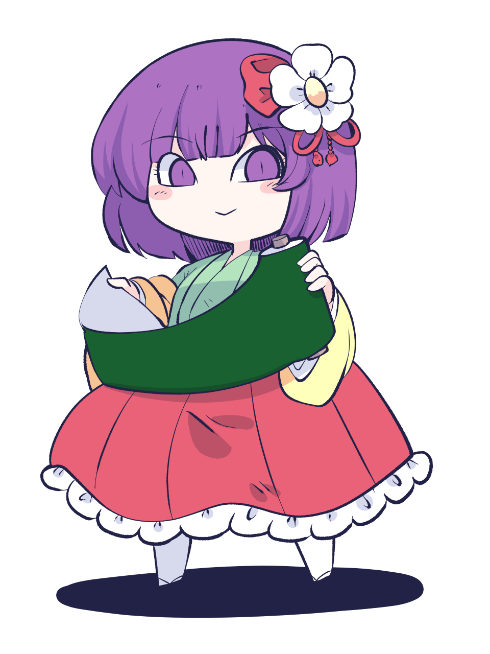 1girl blush_stickers closed_mouth flower fried_rice0614 frilled_skirt frills full_body green_kimono hair_flower hair_ornament hieda_no_akyuu highres holding holding_scroll japanese_clothes kimono long_sleeves one-hour_drawing_challenge pleated_skirt purple_eyes purple_hair red_skirt safe scroll short_hair simple_background skirt smile solo touhou violet_eyes white_background white_flower wide_sleeves