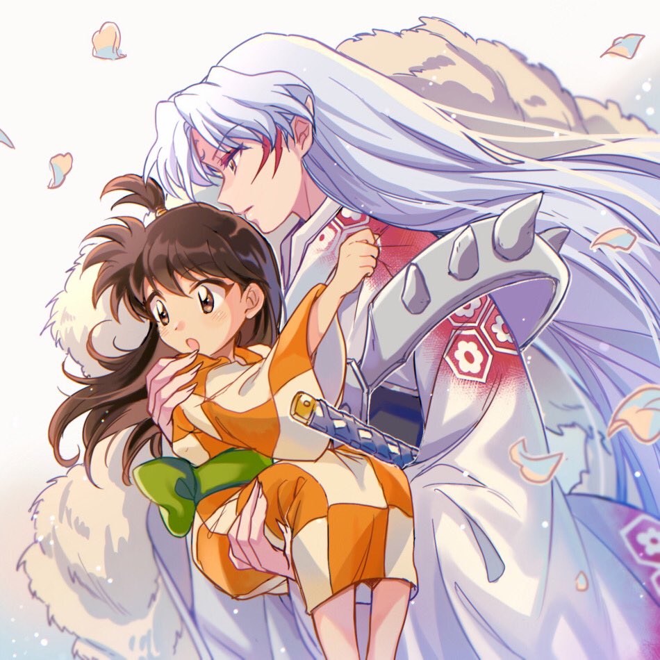 1boy 1girl armor brown_eyes brown_hair carrying checkered_clothes checkered_kimono claws demon_boy facial_mark falling_petals female_child fingernails forehead_mark grey_background hand_on_another's_shoulder inuyasha japanese_clothes katana kimono long_fingernails long_hair looking_to_the_side open_mouth orange_kimono petals pointy_ears princess_carry rin_(inuyasha) safe sesshoumaru sharp_fingernails shoulder_armor shoulder_spikes side_ponytail spikes suzuki_(2red_moon3) sword very_long_hair weapon white_fur white_hair yellow_eyes
