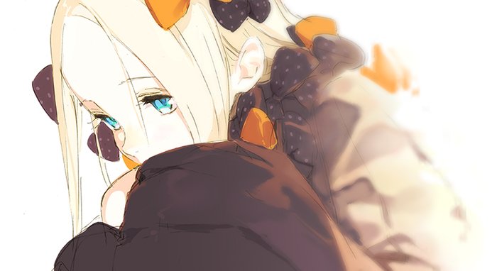 1girl abigail_williams_(fate) abigail_williams_(fate/grand_order) bangs black_bow blonde_hair blue_eyes blurry bow depth_of_field fate/grand_order fate_(series) forehead hair_bow hair_ribbon long_hair looking_to_the_side orange_bow pako_(pakosun) portrait ribbon safe simple_background sleeves_past_wrists solo white_background