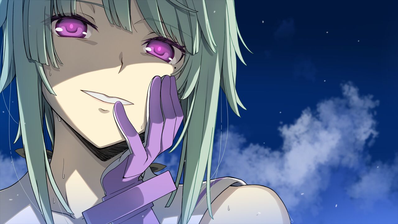 1boy 1girl ao_no_kanata_no_four_rhythm aqua_hair bangs blue_sky close-up clouds game_cg ganeko_mayu gloves grin looking_at_viewer mole mole_under_eye portrait purple_eyes purple_gloves short_hair_with_long_locks sidelocks sky smile solo suzumori violet_eyes