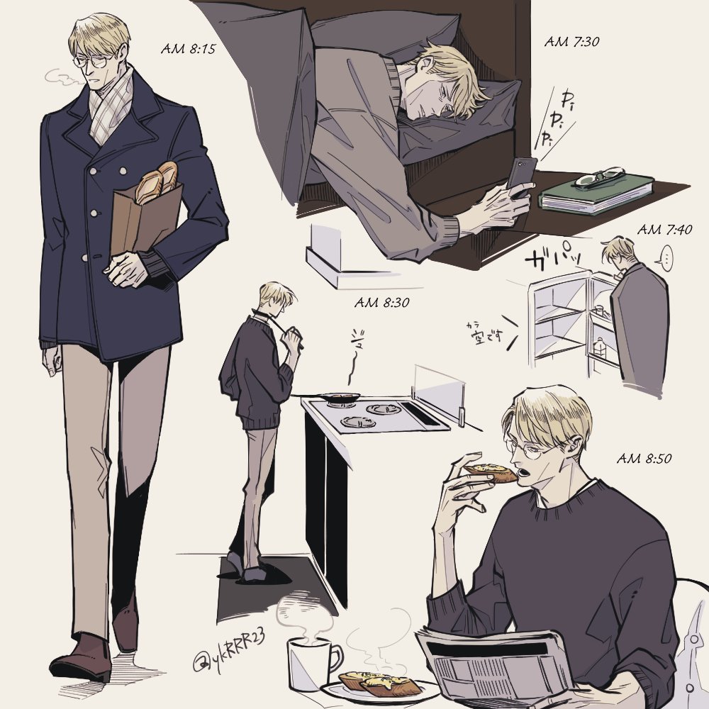 1boy bag bed black_sweater blonde_hair bread brown_footwear brown_pants butter cellphone coat coffee_mug cooking cup eating food glasses holding holding_bag holding_food holding_phone jujutsu_kaisen long_sleeves lying male_focus mug nanami_kento pants paper_bag phone pillow refrigerator short_hair sitting smartphone solo standing steam stove sweater twitter_username upper_body ykrrr23