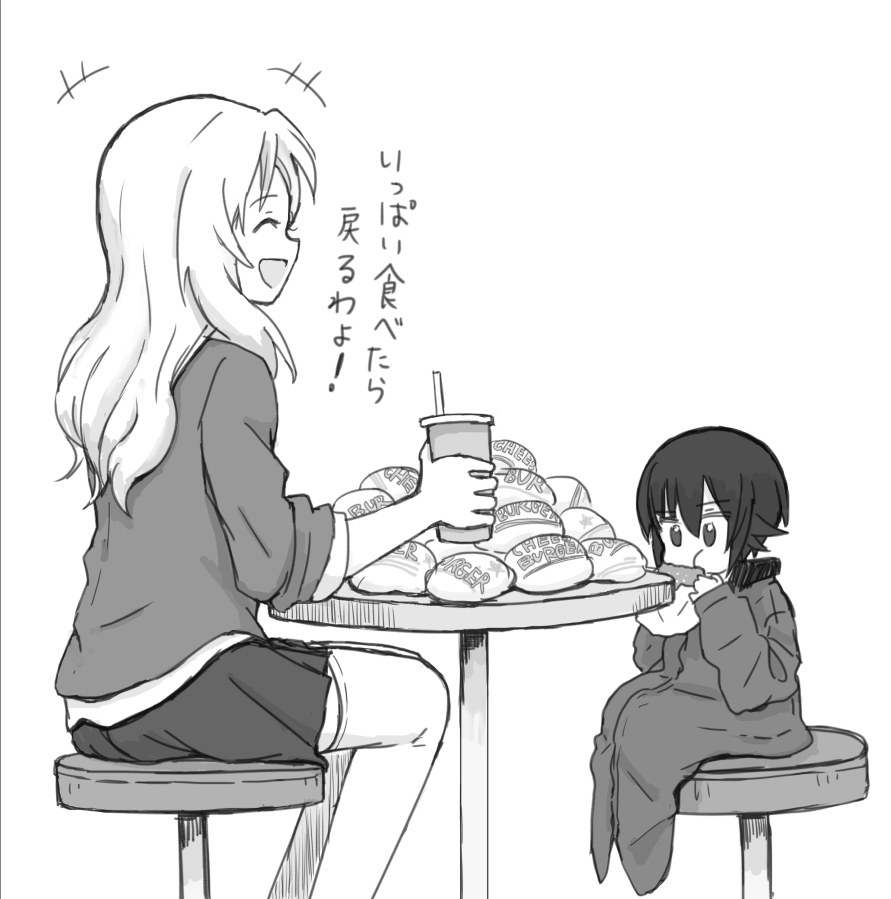 +++ 2girls aged_down blazer blouse burger chair closed_eyes commentary cup disposable_cup eating english_text food girls_und_panzer greyscale holding holding_cup jacket kay_(girls_und_panzer) kuromorimine_school_uniform laughing long_hair long_sleeves miniskirt monochrome multiple_girls mutsu_(layergreen) nishizumi_maho open_mouth oversized_clothes pleated_skirt saunders_school_uniform school_uniform shirt sitting skirt sleeves_rolled_up smile stool table thigh-highs translated