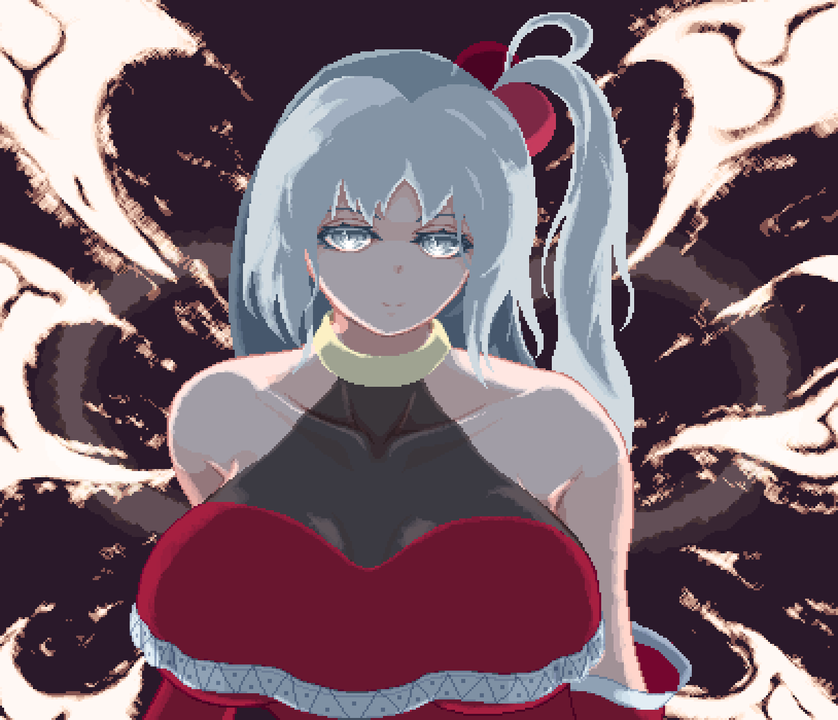1girl breasts closed_mouth collarbone cropped_torso detached_sleeves fiery_wings grey_eyes grey_hair hair_bobbles hair_ornament large_breasts long_hair looking_at_viewer multiple_wings nukekip one_side_up pixel_art shinki_(touhou) sleeveless smile solo tagme touhou touhou_(pc-98) upper_body wings