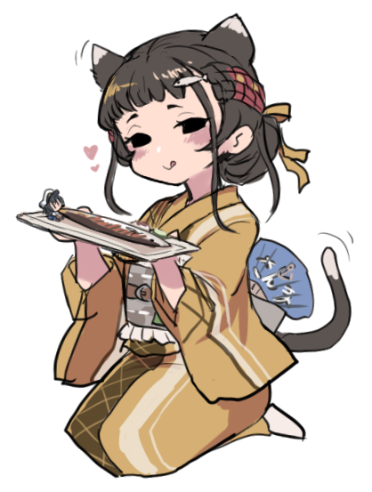 1girl 2girls animal_ears black_eyes black_hair blush cat_ears cat_tail closed_mouth fairy_(kancolle) fish food hair_ornament hand_fan japanese_clothes kantai_collection kimono long_sleeves multiple_girls obi paper_fan sash saury short_hair simple_background smile solo solo_focus tail terrajin tongue tongue_out uchiwa white_background wide_sleeves yamashio_maru_(kancolle) yellow_kimono
