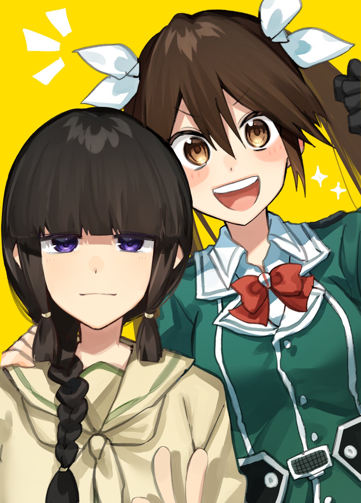 2girls bangs black_gloves black_hair blunt_bangs bow bowtie braid brown_eyes brown_hair commentary_request gloves green_shirt hair_between_eyes hair_ribbon highres kantai_collection katsuobushi_(eba_games) kitakami_(kancolle) kitakami_(kantai_collection) kitakami_kai_ni_(kancolle) long_hair looking_at_viewer military military_uniform multiple_girls open_mouth red_bow red_bowtie remodel_(kantai_collection) ribbon school_uniform serafuku shirt sidelocks single_glove smile tone_(kancolle) tone_(kantai_collection) tone_kai_ni_(kancolle) tress_ribbon twintails uniform upper_body violet_eyes white_ribbon yellow_serafuku