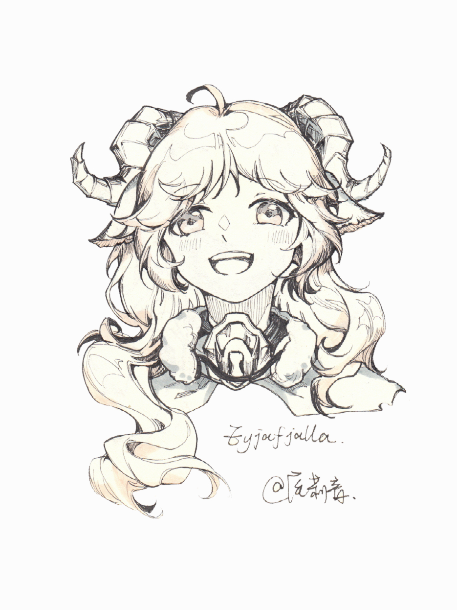 :d ahoge animal_ears arknights artist_name character_name eyjafjalla_(arknights) gas_mask goat_ears goat_horns highres horns long_hair looking_at_viewer mask monochrome open_mouth portrait simple_background smile teeth upper_teeth_only weiliyin white_background
