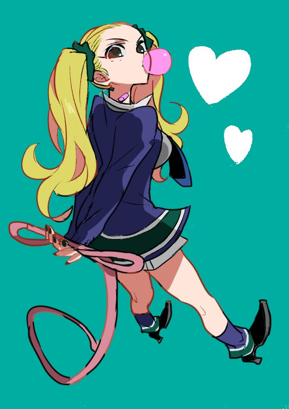 1girl ayase_yuka bandaid blonde_hair brown_eyes bubble_blowing chewing_gum earrings full_body heart jewelry long_hair looking_at_viewer meino_(usmtw) nail_polish necktie persona persona_1 school_uniform scrunchie simple_background solo st._hermelin_school_uniform twintails v weapon white_background