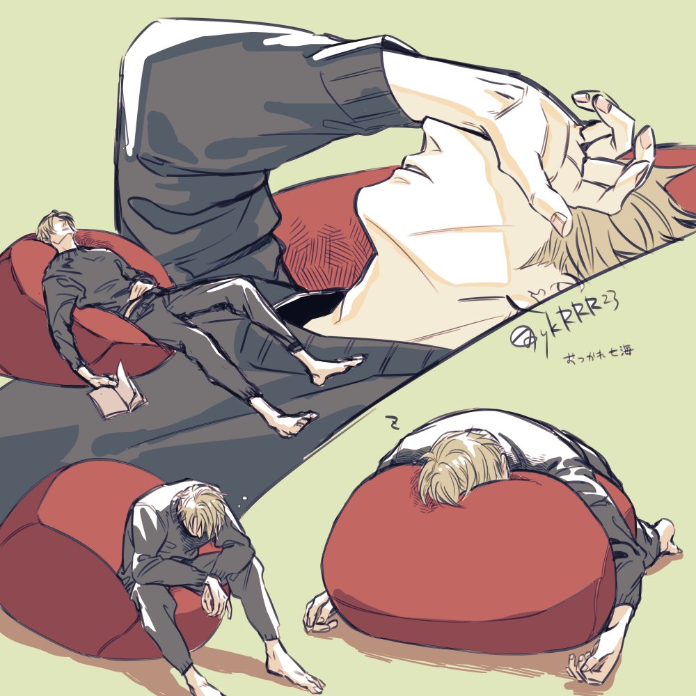 1boy barefoot bean_bag_chair black_pants black_sweater blonde_hair book face_down full_body hand_on_own_face holding holding_book jujutsu_kaisen lips lying male_focus nanami_kento on_stomach open_book pants parted_lips short_hair sitting solo sweater sweatpants ykrrr23