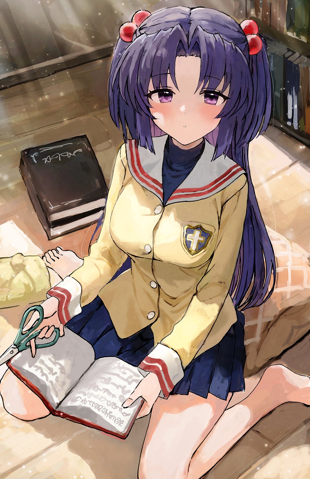 1girl bangs barefoot blush book breasts clannad hair_bobbles hair_ornament highres hikarizaka_private_high_school_uniform holding holding_book holding_scissors ichinose_kotomi indoors large_breasts library long_hair looking_at_viewer purple_eyes purple_hair safe school_uniform scissors sitting skirt solo sonchi violet_eyes