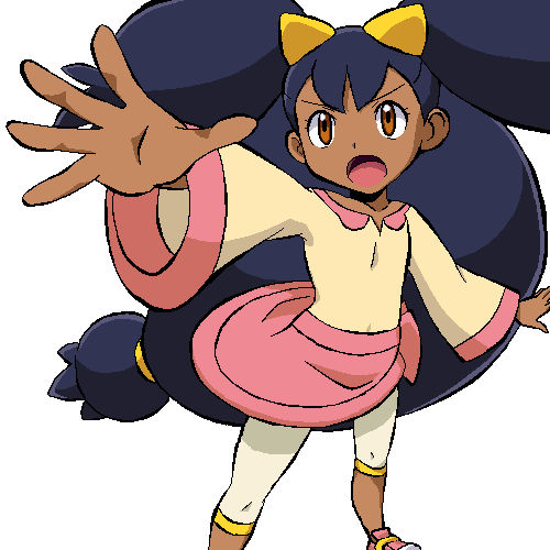 1girl arm_up bangs big_hair brown_eyes collarbone commentary_request dark-skinned_female dark_skin flat_chest foreshortening gomatarou_(pixiv196136) hair_ornament hair_tie iris_(pokemon) jaggy_lines leggings long_hair long_sleeves looking_up low-tied_long_hair lowres miniskirt open_mouth outstretched_arm pink_footwear pink_skirt pokemon pokemon_(game) pokemon_bw purple_hair safe shirt shoes simple_background skirt solo spread_fingers standing v-shaped_eyebrows very_long_hair white_background white_leggings yellow_shirt