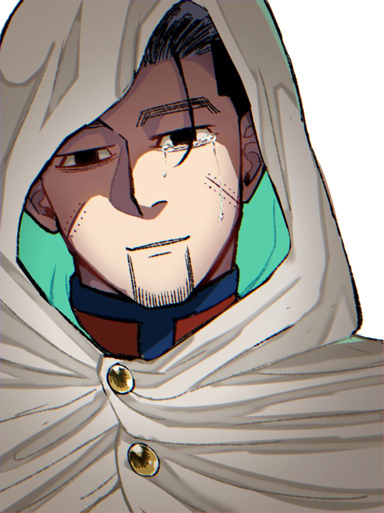 1boy black_eyes black_hair cloak crying crying_with_eyes_open facial_hair goatee golden_kamuy hair_slicked_back hair_strand half-closed_eyes head_tilt hood hood_up hooded_cloak looking_at_viewer male_focus ogata_hyakunosuke portrait ri_(ri_kaos21) safe scar scar_on_cheek scar_on_face short_hair smile solo staring stitches stubble tearing_up tears tears_from_one_eye undercut uneven_eyes