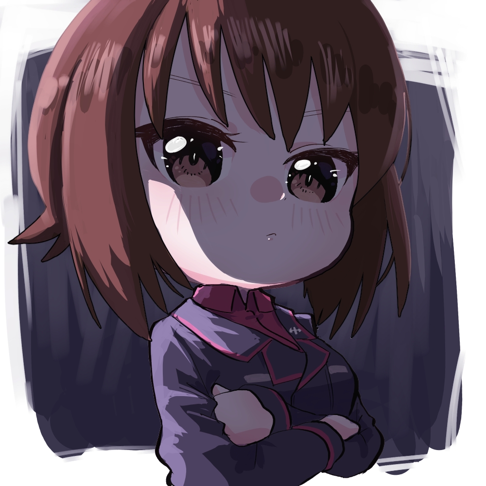 1girl brown_eyes brown_hair chibi crossed_arms girls_und_panzer kuromorimine_military_uniform nabe_(nabe_otome) nishizumi_maho safe shirt short_hair solo