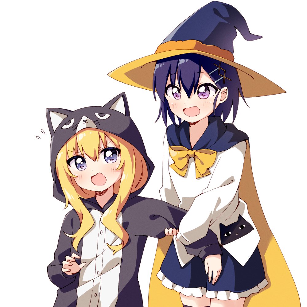 2girls animal_hood blonde_hair blue_eyes blush gabriel_dropout gabriel_tenma_white hair_ornament haru_(konomi_150) hat hood long_hair looking_at_viewer multiple_girls open_mouth purple_eyes purple_hair safe smile very_long_hair vignette_tsukinose_april violet_eyes white_background witch_hat x_hair_ornament