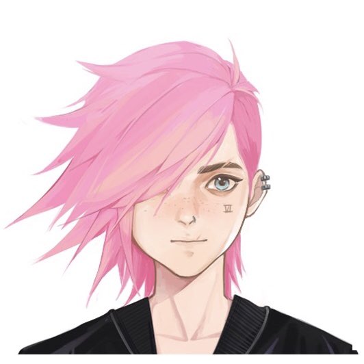 1boy 1girl bangs collarbone ear_piercing grey_eyes hair_over_one_eye league_of_legends male_focus medium_hair piercing pink_hair portrait safe shiny shiny_hair simple_background smile solo vi_(league_of_legends) white_background wuzeirou