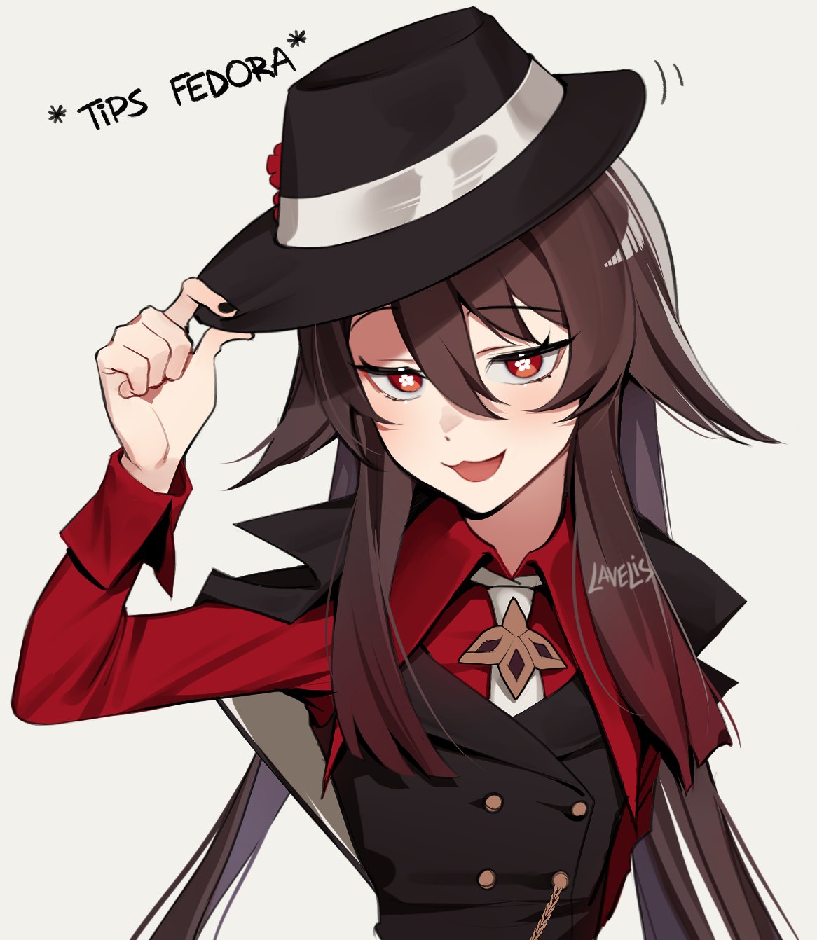 1girl black_headwear black_nails brown_hair english_text fedora genshin_impact gradient gradient_background hair_between_eyes half-closed_eyes hat hat_tip highres hu_tao_(genshin_impact) hu_tao_(oneplus)_(genshin_impact) lavelis long_hair long_sleeves looking_at_viewer nail_polish necktie official_alternate_costume open_mouth red_eyes red_shirt shirt simple_background smile smug solo symbol-shaped_pupils twintails vest white_background white_necktie