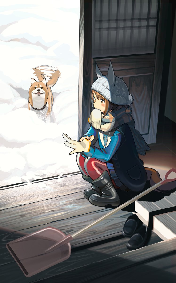 1girl ashinowoto bag beanie black_footwear blue_coat blue_skirt blush boots brown_eyes brown_hair coat dog gloves hat highres loafers long_sleeves mouth_hold pants red_pants safe scarf shoes shovel skirt snow snow_shovel solo squatting tail tail_wagging umamusume white_gloves white_headwear yukino_bijin_(umamusume)