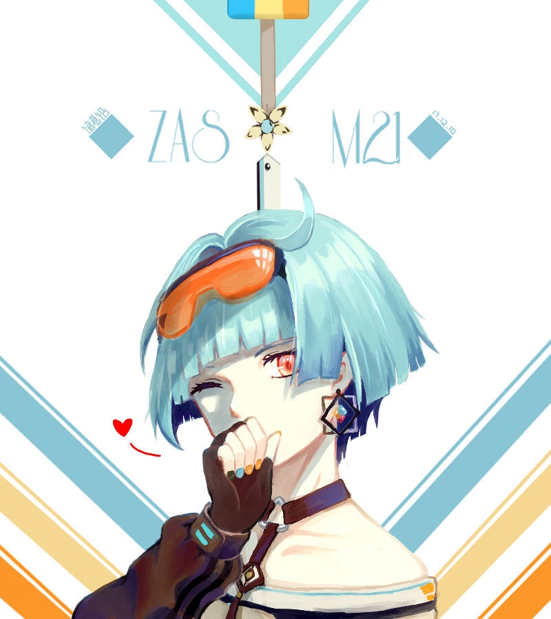 1girl bangs bare_shoulders black_gloves blue_hair blue_nails character_name covering_mouth dated earrings eyewear_on_head fingerless_gloves girls_frontline gloves goggles goggles_on_head hand_in_mouth heart jewelry looking_at_viewer nail_polish one_eye_closed orange_nails red_eyes safety_glasses short_hair simple_background solo upper_body zas_m21_(girls'_frontline) zhuge_zhuge_qian